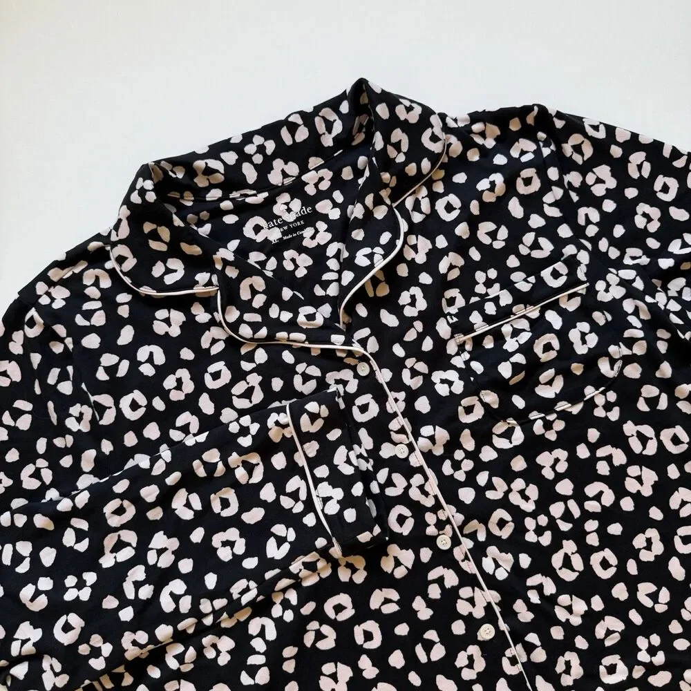 Kate Spade NY Pajama Set XL Black Pink Leopard Print 2 Pc Long Sleeve